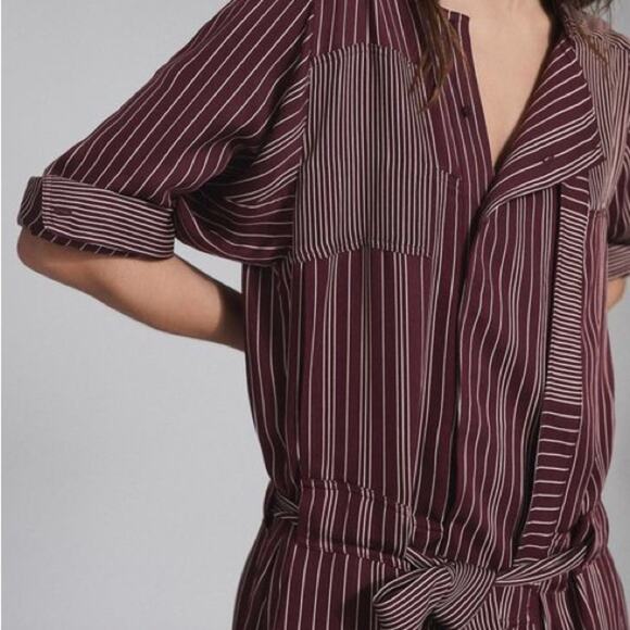 NWT Reiss Albi Burgundy Striped Shirt Dress Size 0 Tie Waist Button Workwear - Picture 8 of 16